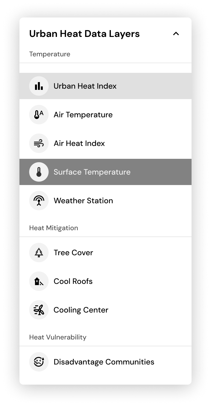 Control panel with layers grouped under Temperature, Heat Mitigation, and Heat Vulnerability