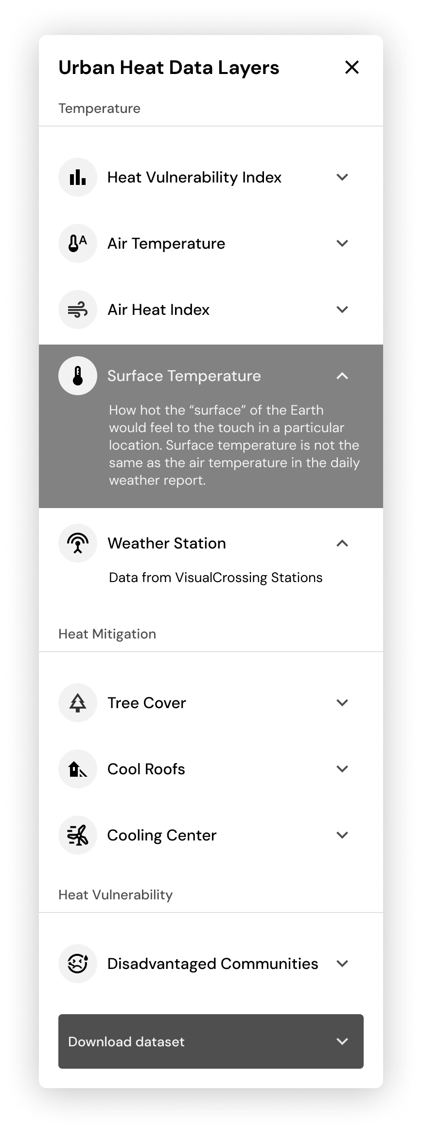 Control panel with Surface Temperature expanded to show a plain-language description