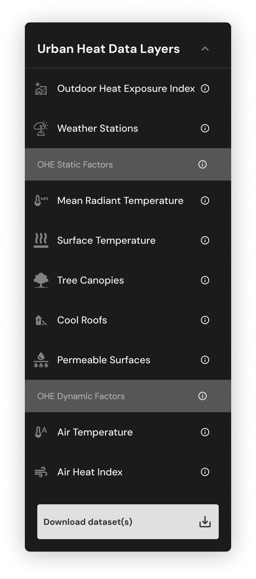 Final dark control panel with layers grouped into static and dynamic Outdoor Heat Exposure factors and a download button