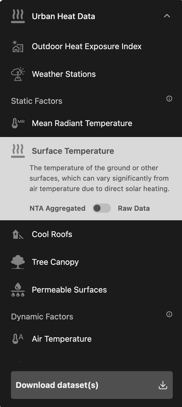 Live control panel on urbanheat.nyc with Surface Temperature active, showing its description and an aggregated/raw data toggle