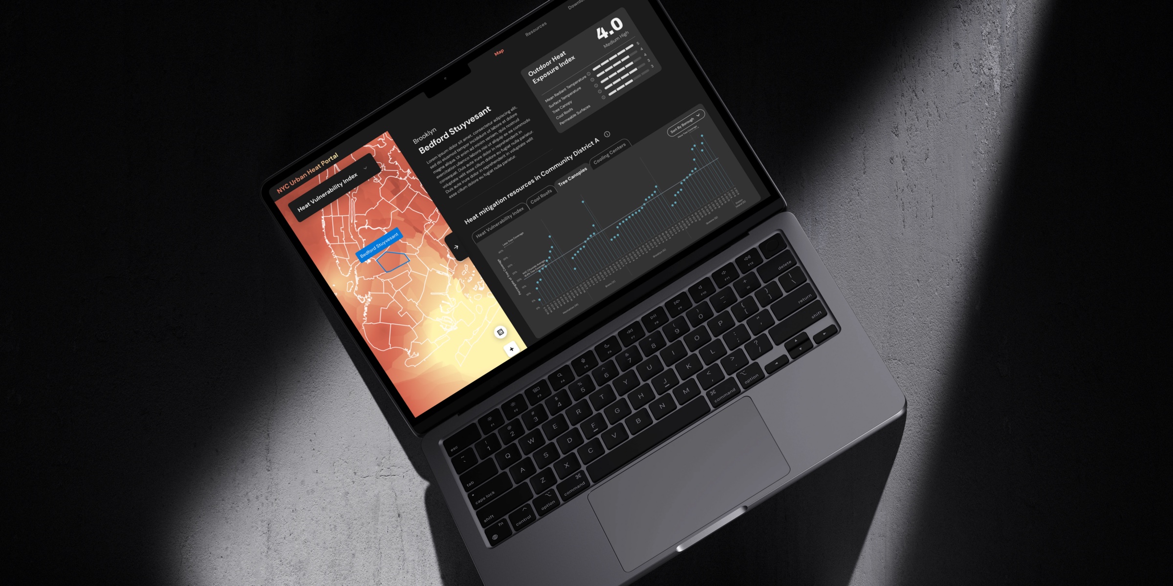 Laptop displaying the Urban Heat Portal, with the Heat Vulnerability Index map and Outdoor Heat Exposure Index for Bedford-Stuyvesant, Brooklyn