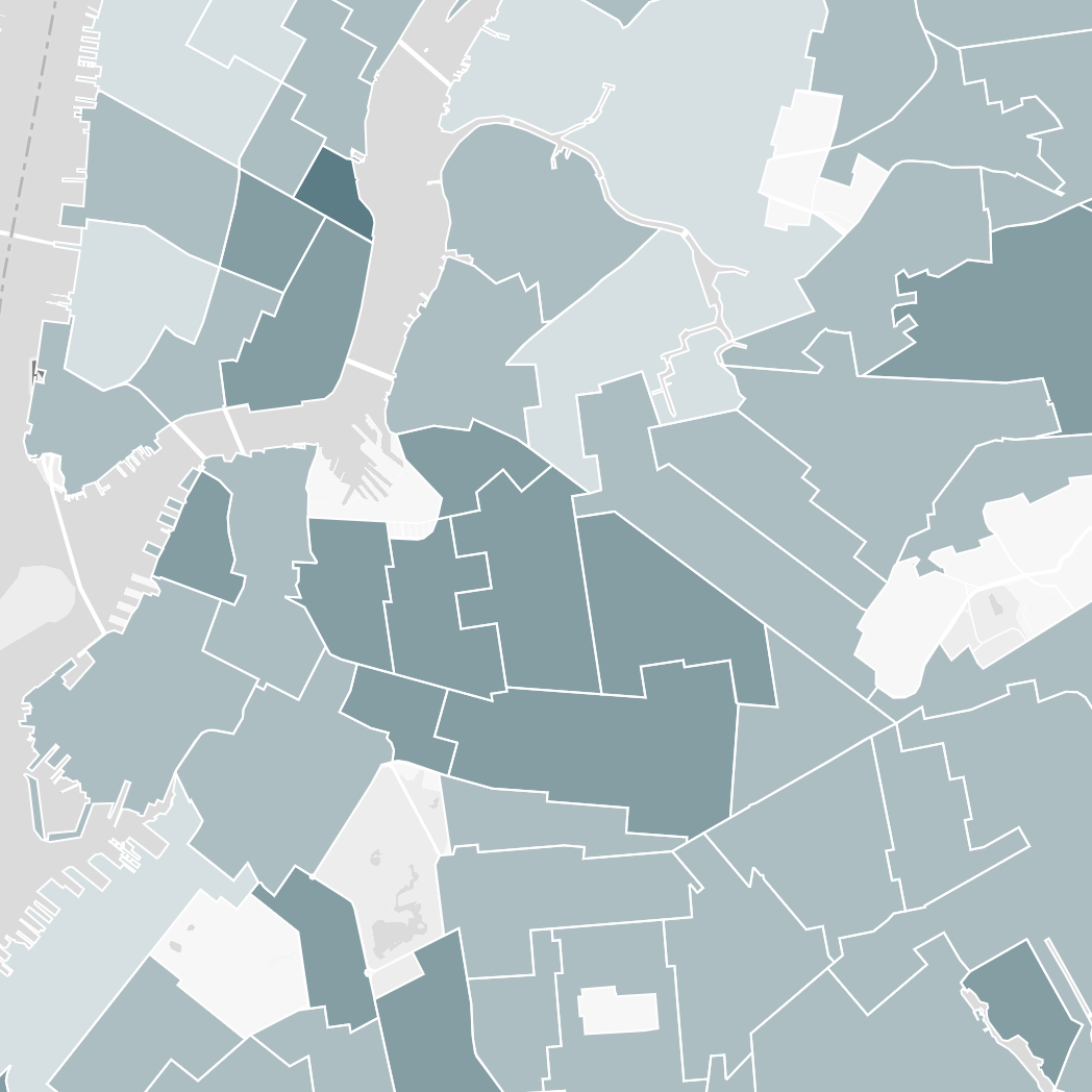 Choropleth map of Brooklyn and Queens neighborhoods shaded by aggregated heat values